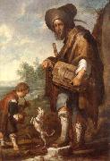 unknow artist A Blind man playing a hurdy-gurdy,together with a young boy playing the drums,with a dancing dog Spain oil painting artist